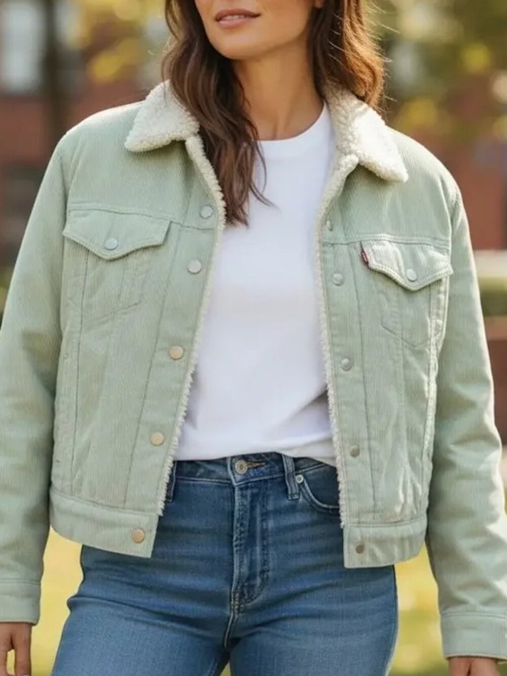 Levi’s Cord Sherpa Fleece Baby Cropped Trucker Jacket Meadow Mist Womens Medium